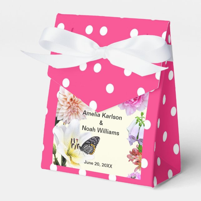 Flowers & Butterfly Wedding Add Picture Polka Dots Favor Boxes (Front Side)