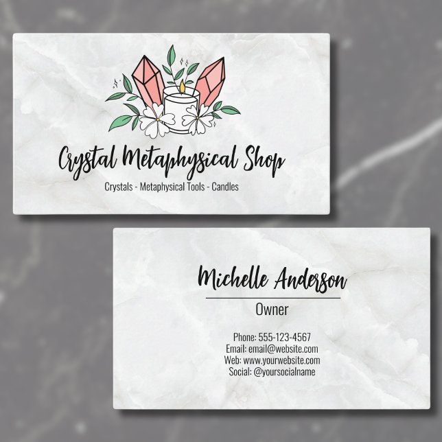 Flowers Candle Crystal Metaphysical Shop Business Card (Cute Flowers Candle Pink Crystal Metaphysical Shop Business Card)