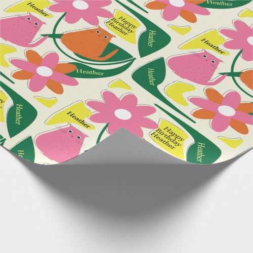 Flowers Cats Add Recipients Name Cute Birthday Wrapping Paper