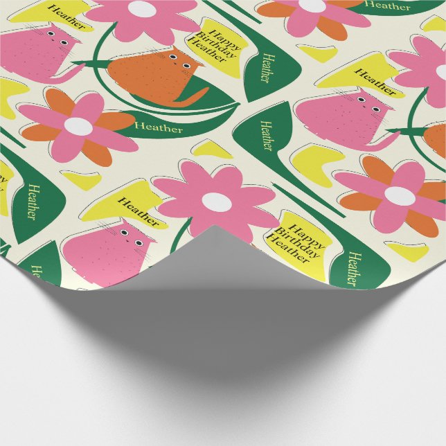 Flowers Cats Add Recipients Name Cute Birthday Wrapping Paper (Corner)