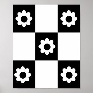 Flowers Checker Pattern Black White Mod Squares Poster