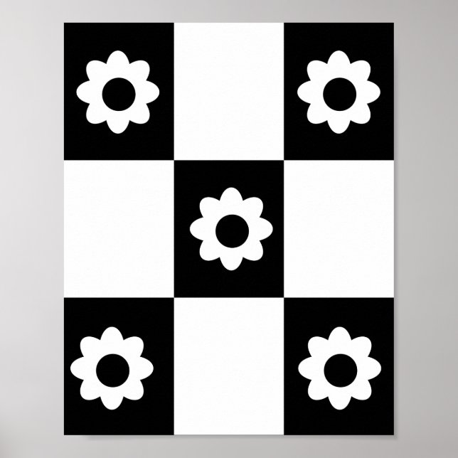 Flowers Checker Pattern Black White Mod Squares Poster (Front)