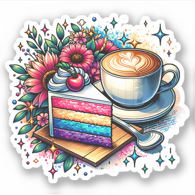 Flowers, Coffee and Rainbow Cake   Sticker (Front)