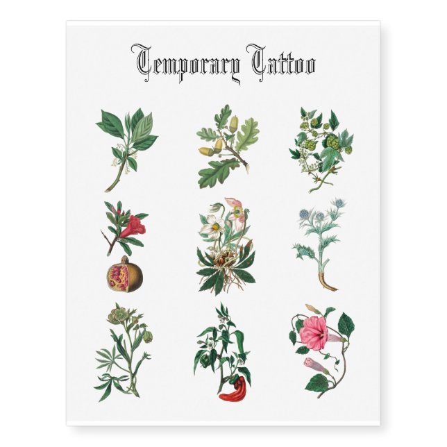 Flowers colorful fruits and vegetable illustration temporary tattoos (Front)