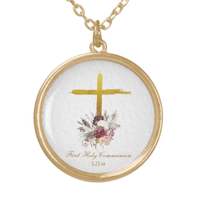 *~* Flowers Communion AP35 Christian Confirmation Gold Plated Necklace (Front)
