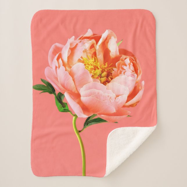 Flowers | Coral Peony Blossom Sherpa Blanket (Front)