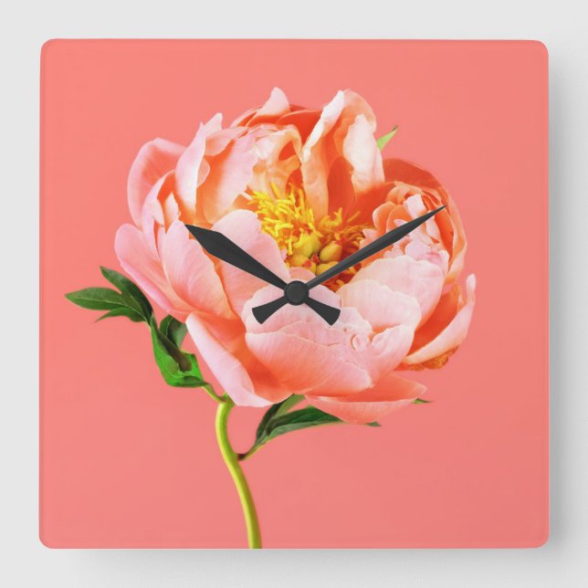 Flowers | Coral Peony Blossom Square Wall Clock (Front)