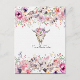 Flowers & Cow Skull Country Rustic Save The Date Announcement Postcard