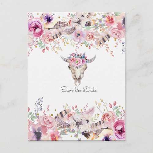 Flowers  Cow Skull Country Rustic Save The Date Announcement Postcard