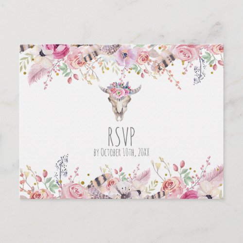 Flowers  Cow Skull Rustic Country Boho Chic RSVP Invitation Postcard