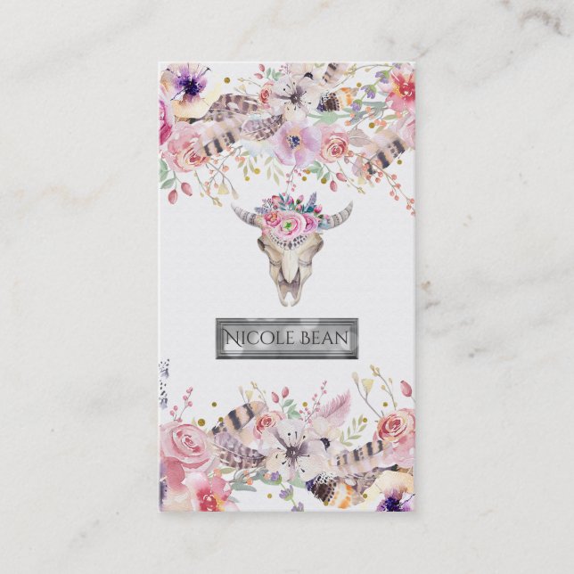 Flowers & Cow Skull Rustic Country Glam Boho Chic Business Card (Front)