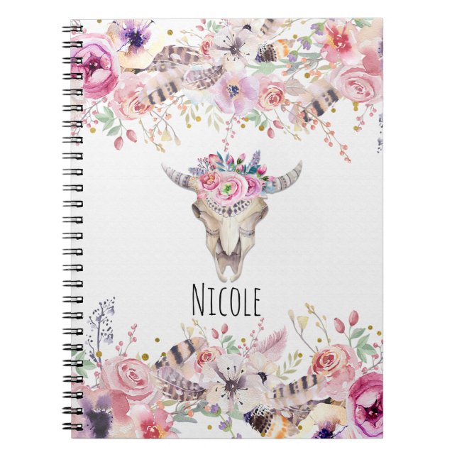Flowers & Cow Skull Rustic Country Glam Boho Chic Notebook (Front)