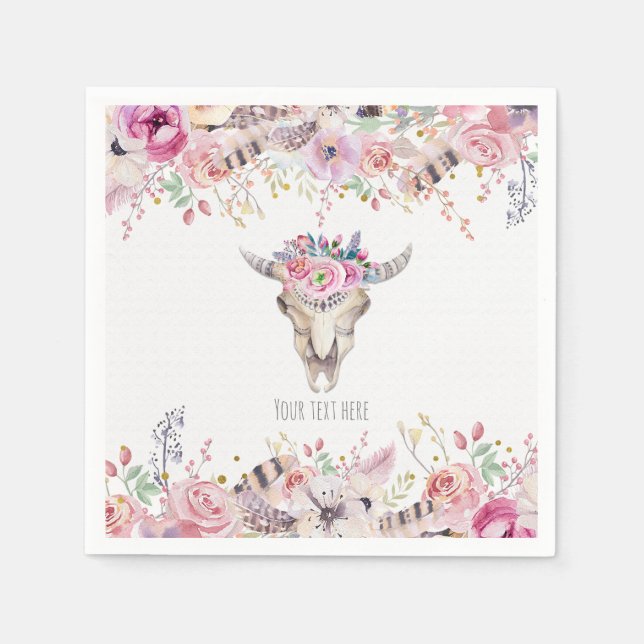 Flowers & Cow Skull Rustic Country Glam Party Paper Napkins (Front)