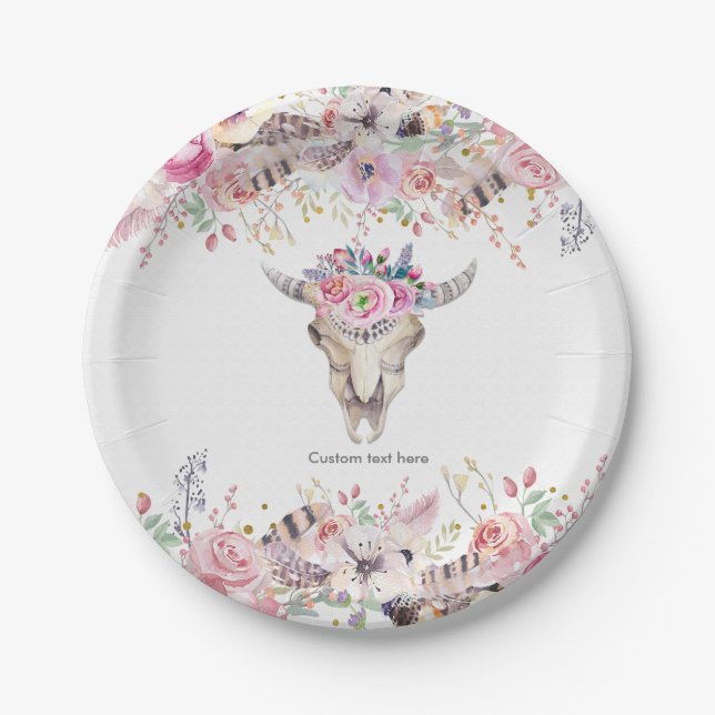 Flowers & Cow Skull Rustic Country Glam Party Paper Plates (Front)