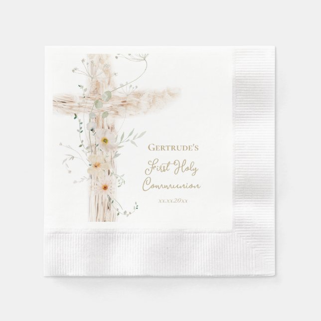  flowers cross First Holy Communion Napkins (Front)