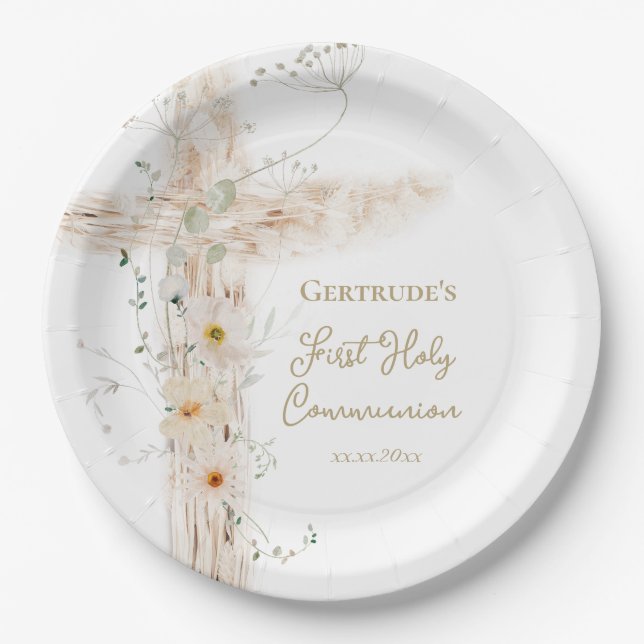  flowers cross First Holy Communion Paper Plates (Front)