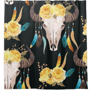 Flowers Decorated Buffalo Skull Seamless Shower Curtain