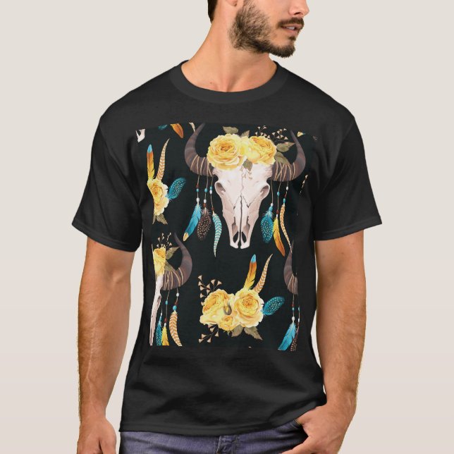 Flowers Decorated Buffalo Skull Seamless T-Shirt (Front)