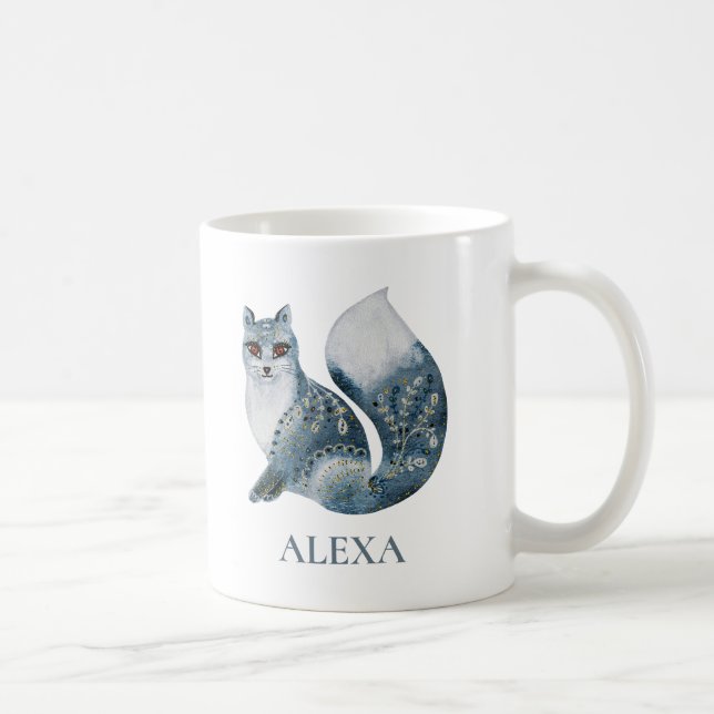 Flowers decorated cute gray fox monogram coffee mug (Right)