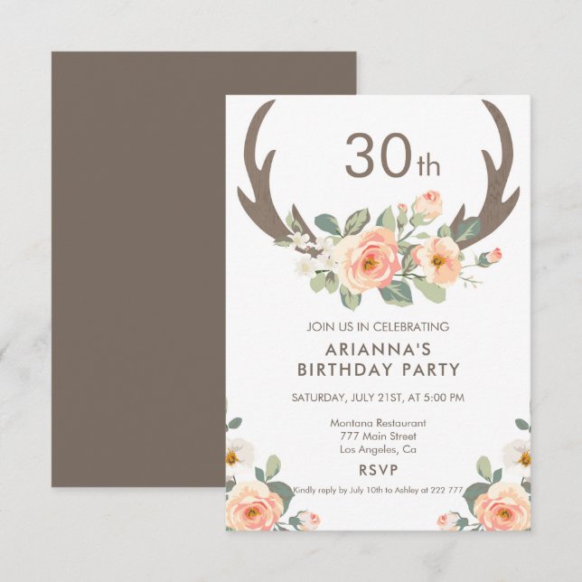 Flowers & Deer Antlers Birthday Invitation (Front/Back)