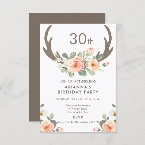 Flowers  Deer Antlers Birthday Invitation