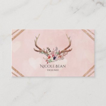 Flowers & Deer Antlers Boho Chic Glam Business Card by printabledigidesigns at Zazzle