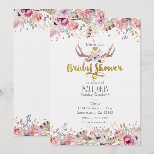Flowers & Deer Antlers Bridal Shower Invitations (Front/Back)