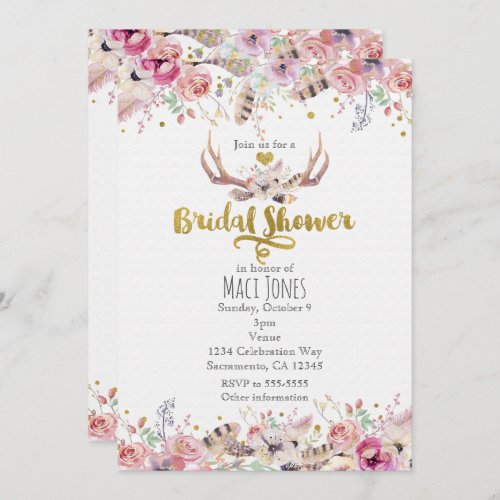 Flowers  Deer Antlers Bridal Shower Invitations