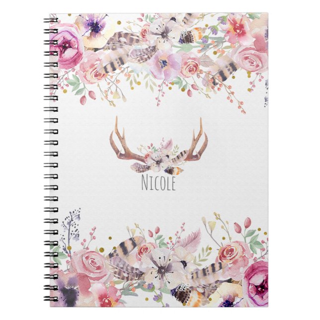 Flowers & Deer Antlers Rustic Country Personalized Notebook (Front)