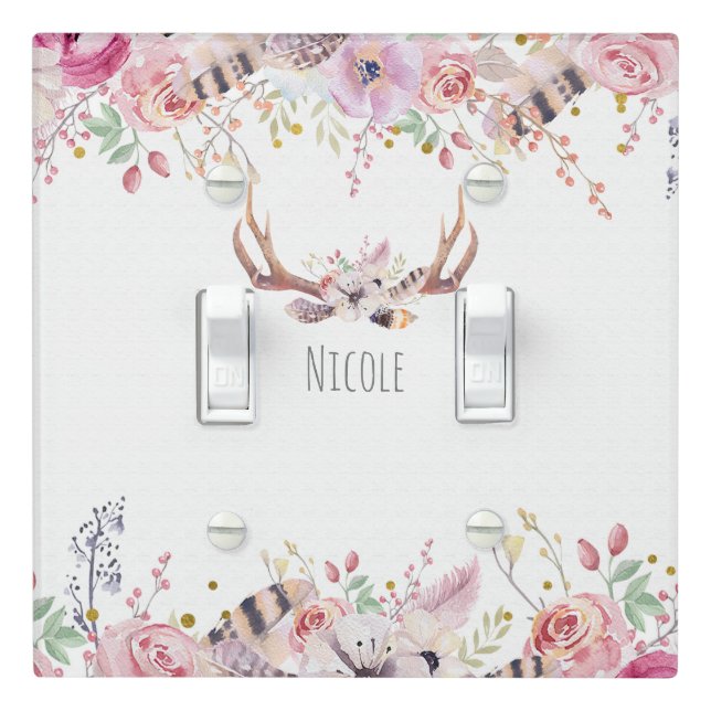 Flowers & Deer Antlers Rustic Farmhouse Chic Light Switch Cover (In Situ)