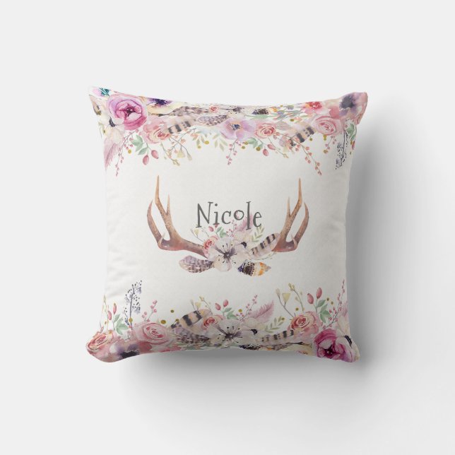 Flowers & Deer Antlers Rustic Farmhouse Chic Throw Pillow (Front)