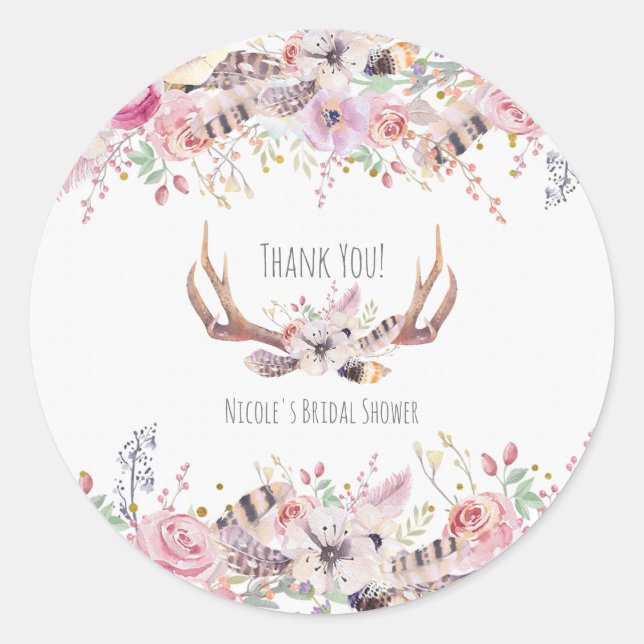 Flowers & Deer Antlers Rustic Wedding Favor Classic Round Sticker (Front)