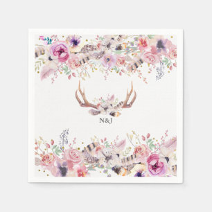 Flowers & Deer Antlers Rustic Wedding Party Event Paper Napkins