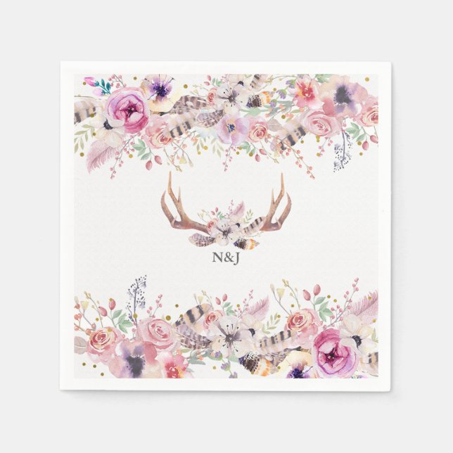 Flowers & Deer Antlers Rustic Wedding Party Event Paper Napkins (Front)