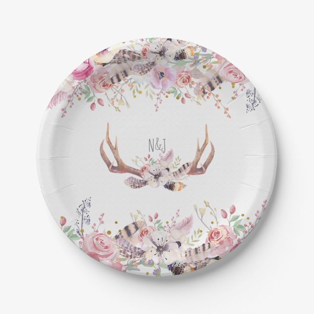 Flowers & Deer Antlers Rustic Wedding Party Event Paper Plates (Front)