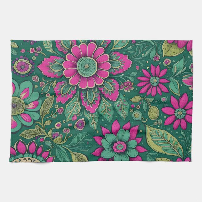 Flowers Design Pink Green Retro Classic  Kitchen Towel (Horizontal)