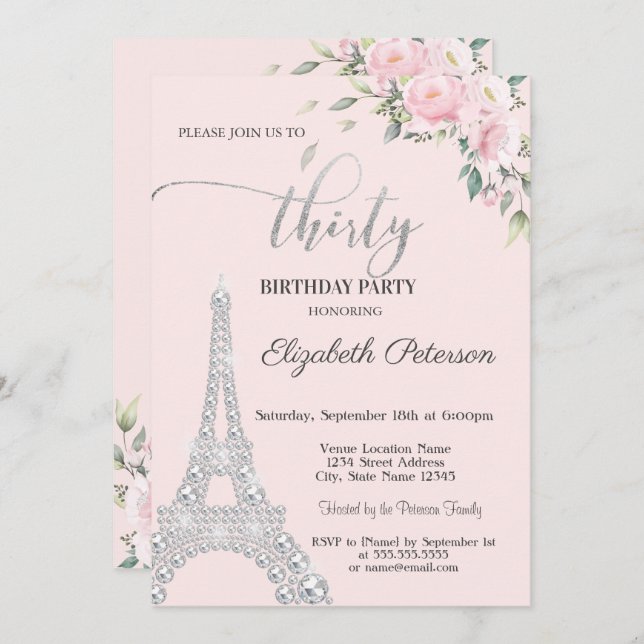 Flowers, Diamonds Eiffel Tower 30th Birthday Invitation (Front/Back)
