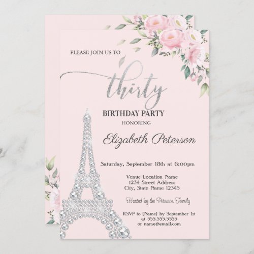 Flowers Diamonds Eiffel Tower 30th Birthday Invitation