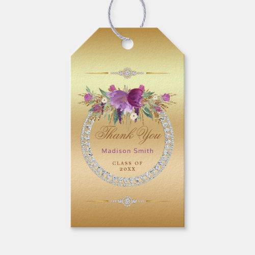 Flowers Diamonds Graduation Thank You Gold Gift Tags