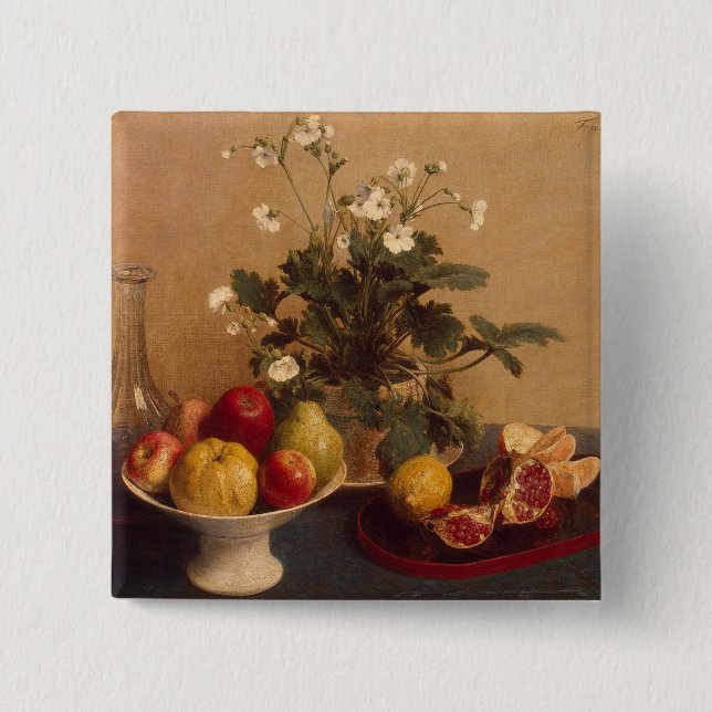 Flowers, dish with fruit and carafe, 1865 pinback button (Front)