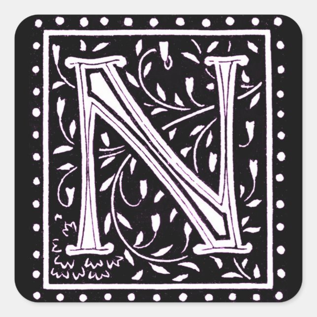 Flowers & Dots Monogram ‘N’ Square Sticker (Front)