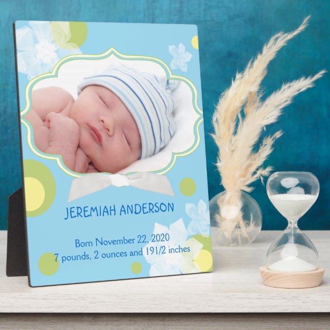 Flowers & Dots New Baby Boy Birth Photo Plaques (Side)