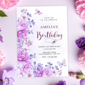 Flowers dragonfly birthday invitation