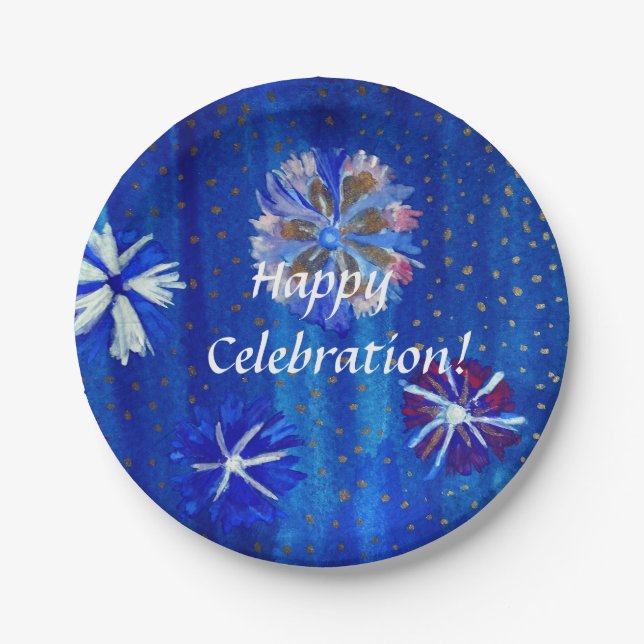 Flowers Drawing Blue Custom Paper Plates 7 in (Front)
