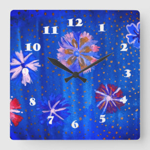 Flowers Drawing Blue Summer Square Wall Clock