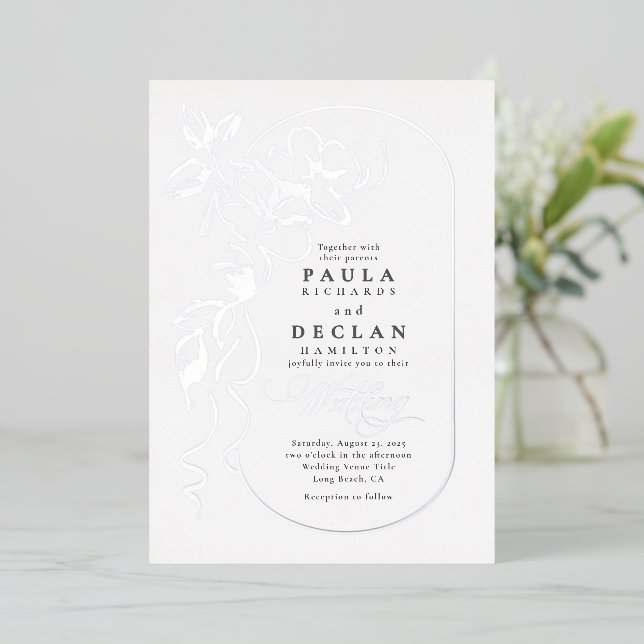 Flowers Drawing Elegant Boho Wedding Silver Foil Invitation (Standing Front)