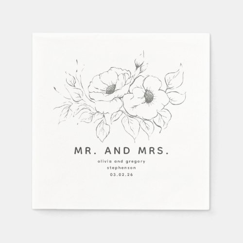 Flowers Drawing Elegant Wedding Mr and Mrs Napkins