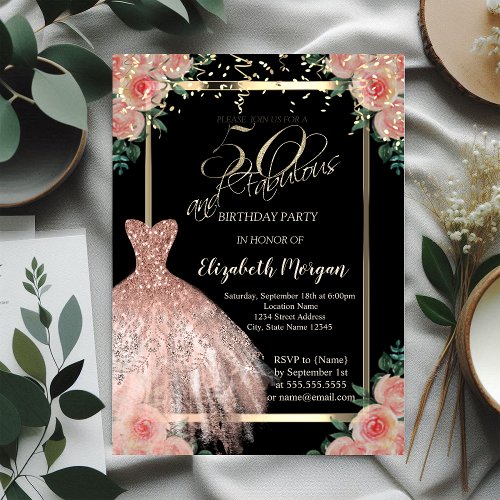 FlowersDressConfetti Rose Gold 50th Birthday Invitation