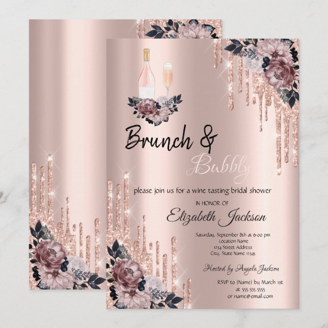 Flowers,  Drips Brunch & Bubbly Bridal Shower  Invitation (Front/Back)