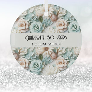 Flowers dusty green cream birthday name glass ornament